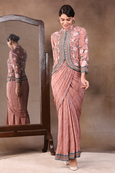 Sougat paul Peach Printed Drape Skirt With Embroidered Jacket fusion indian designer wear online shopping melange singapore