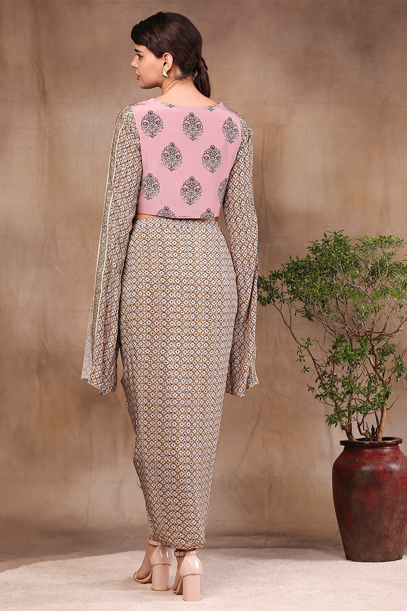 Sougat paul Printed Drape Skirt With Embroidered Top pink fusion indian designer wear online shopping melange singapore