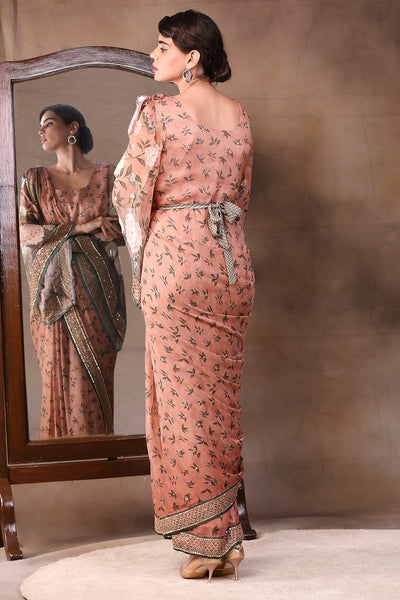 Sougat Paul Printed Drape Skirt With Embroidered Top peach festive fusion indian designer wear online shopping melange singapore