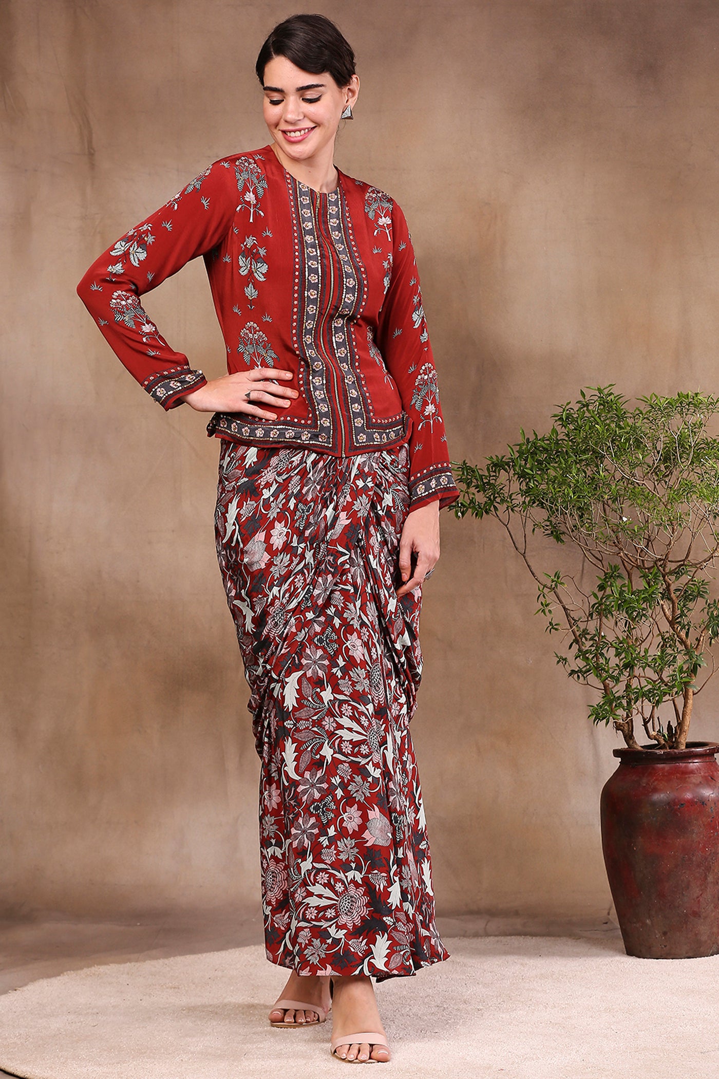 Sougat Paul Printed Drape Skirt With Zipper Jacket Set maroon festive fusion indian designer wear online shopping melange singapore