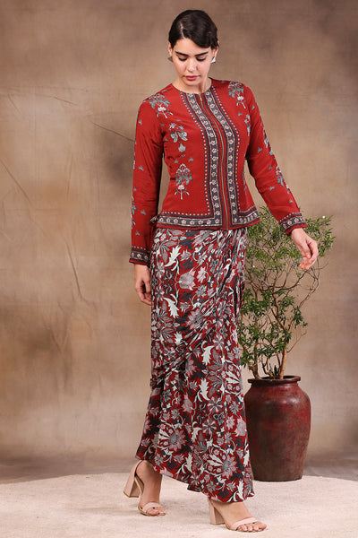 Sougat Paul Printed Drape Skirt With Zipper Jacket Set maroon festive fusion indian designer wear online shopping melange singapore