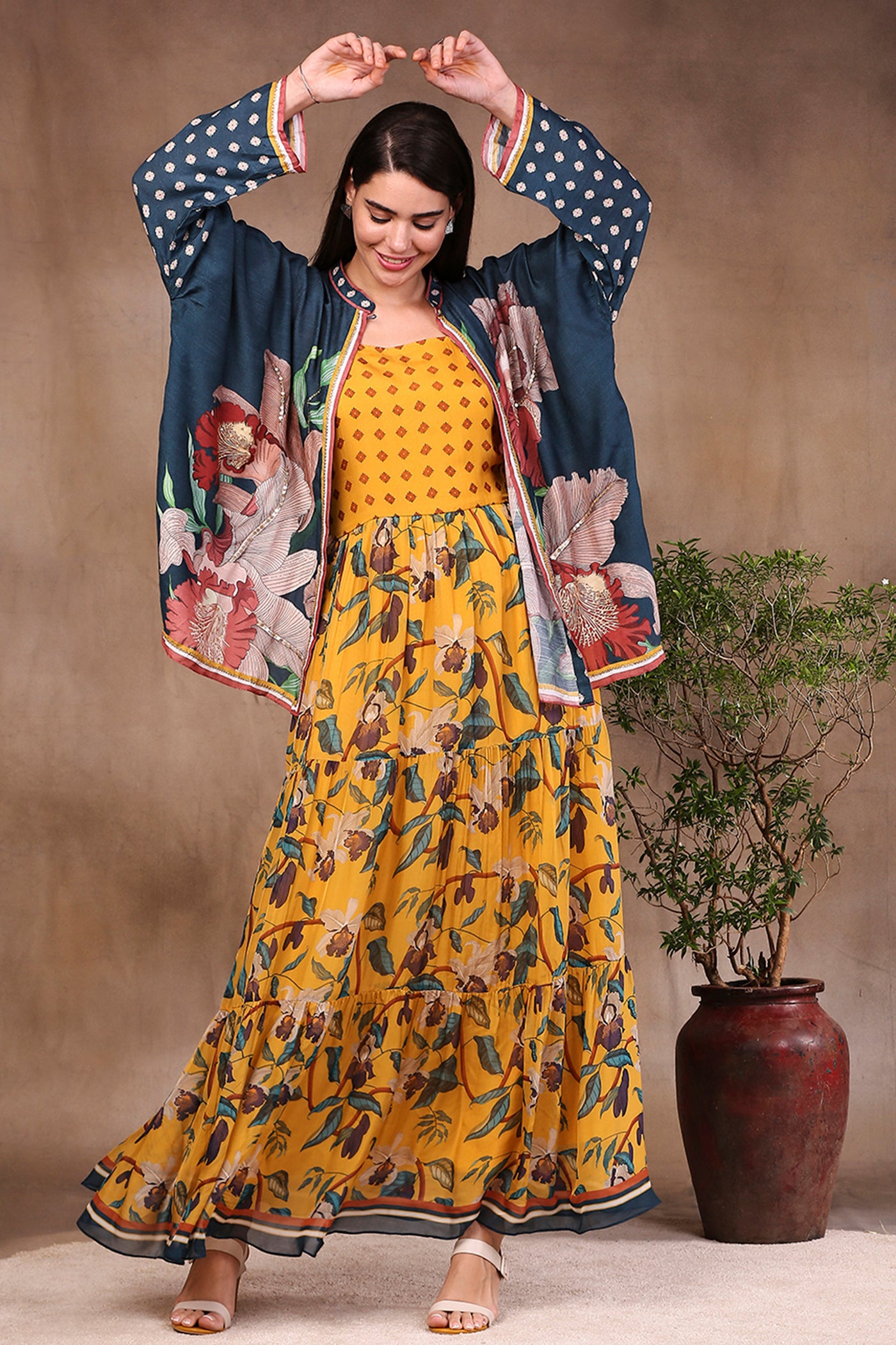 Sougat Paul Printed Gather Dress With Jacket mustard green western indian designer wear online shopping melange singapore