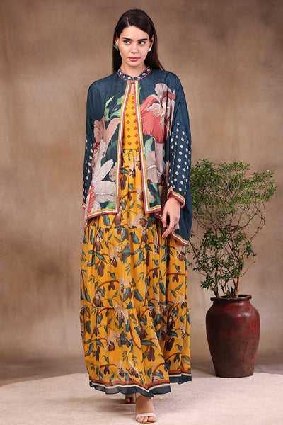 Sougat Paul Printed Gather Dress With Jacket mustard green western indian designer wear online shopping melange singapore