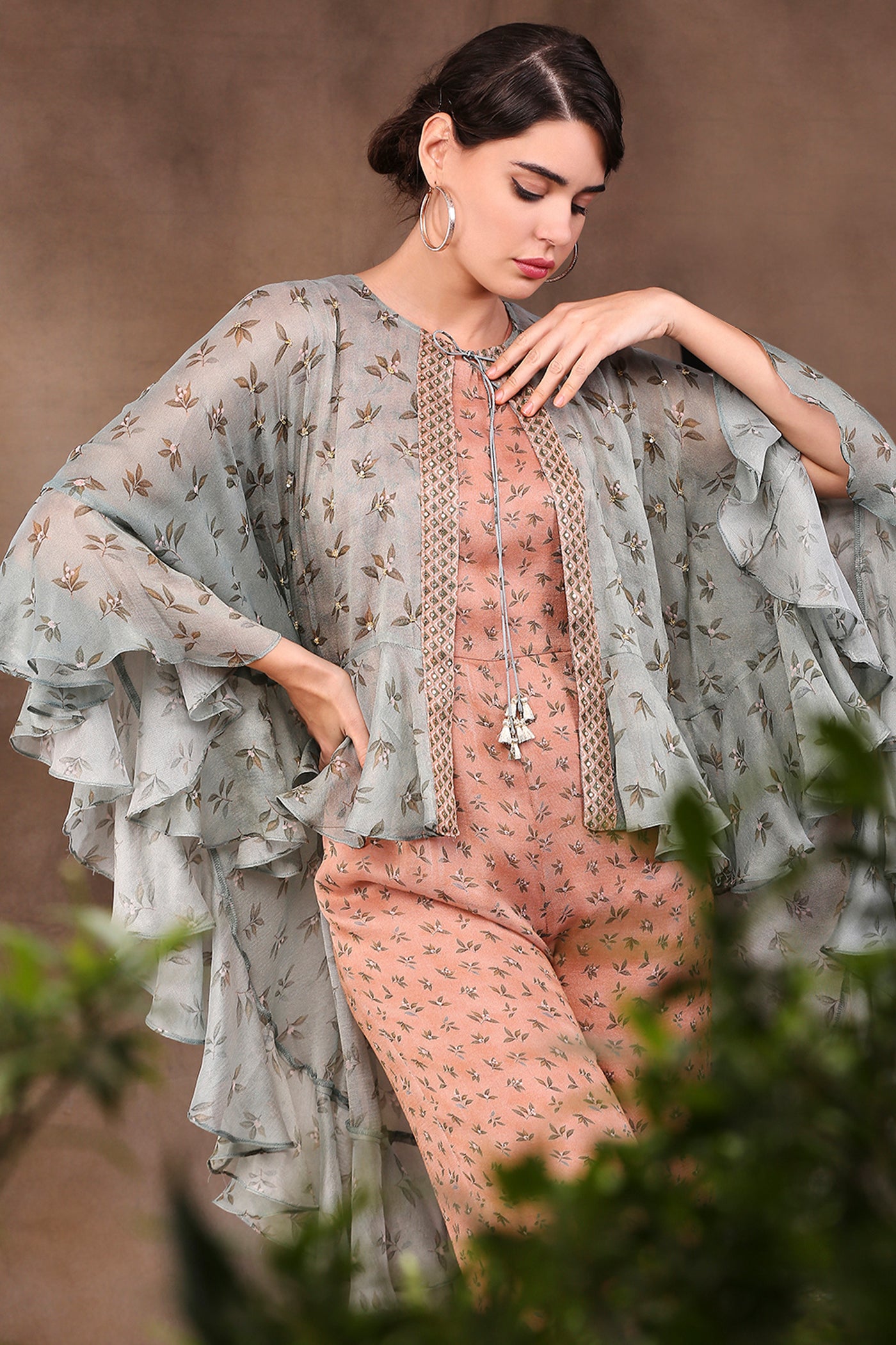 Sougat paul Printed Jumpsuit Paired With Embroidered High-Low Cape coral fusion indian designer wear online shopping melange singapore