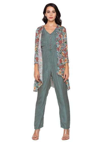 sougat paul Printed Jumpsuit And Jacket Set green western online shopping melange singapore indian designer wear