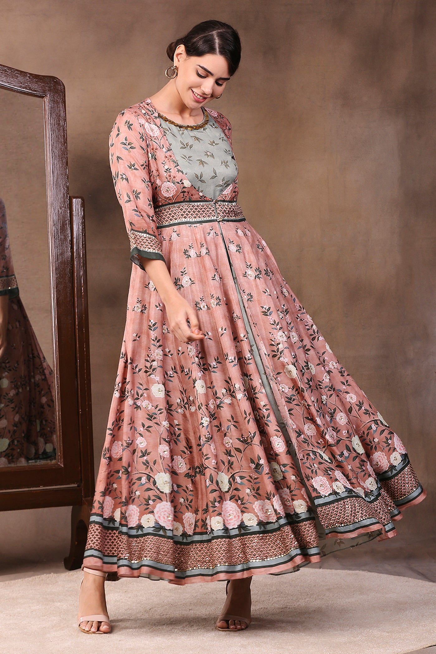 Sougat Paul Printed Layered Anarkali With Embroidery peach festive indian designer wear online shopping melange singapore