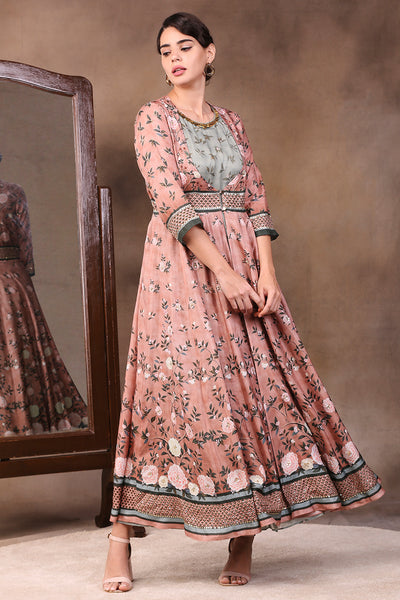 Sougat Paul Printed Layered Anarkali With Embroidery peach festive indian designer wear online shopping melange singapore