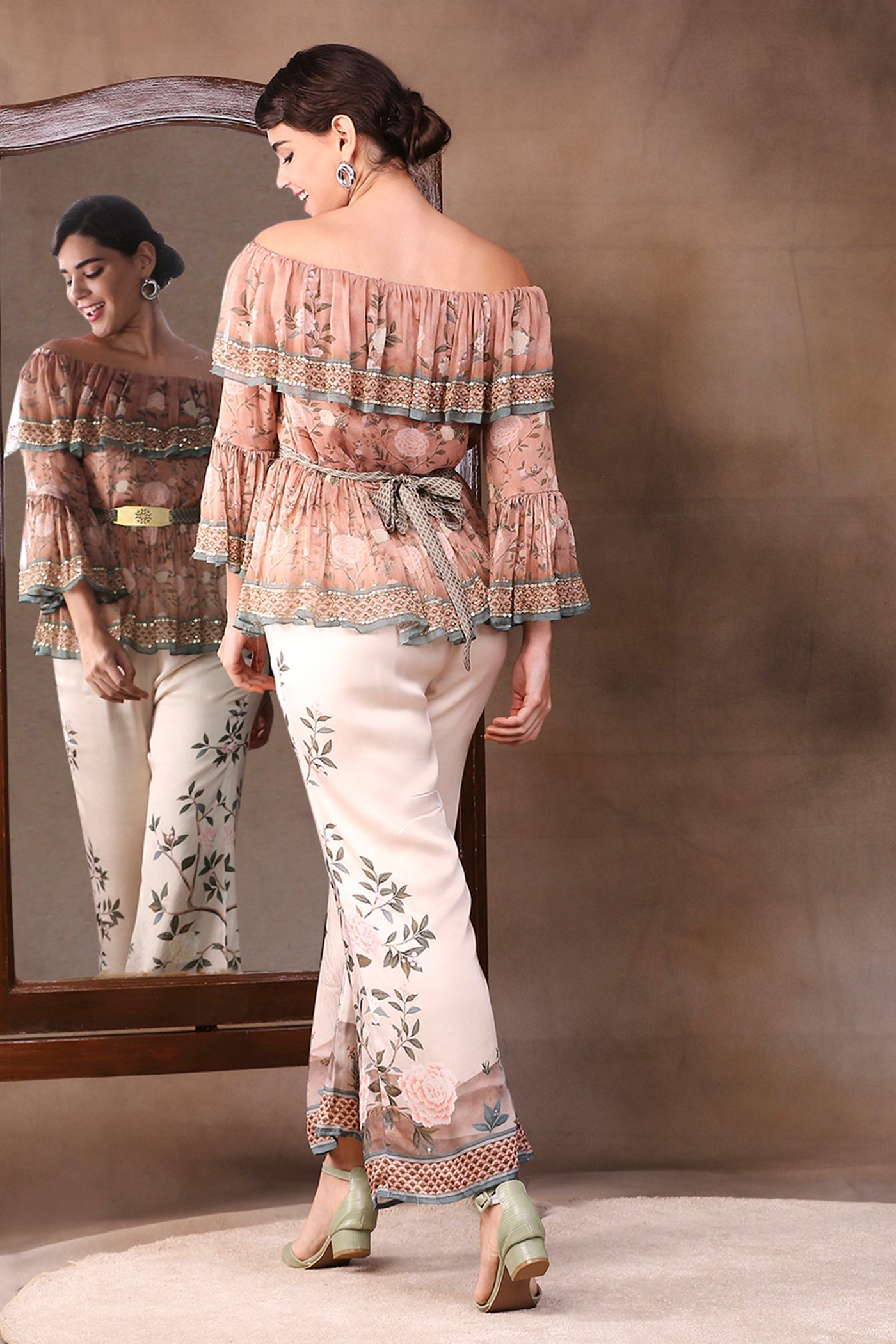 Sougat Paul Printed Off Shoulder Embroidered Top With Flared Pants peach indian designer wear online shopping melange singapore