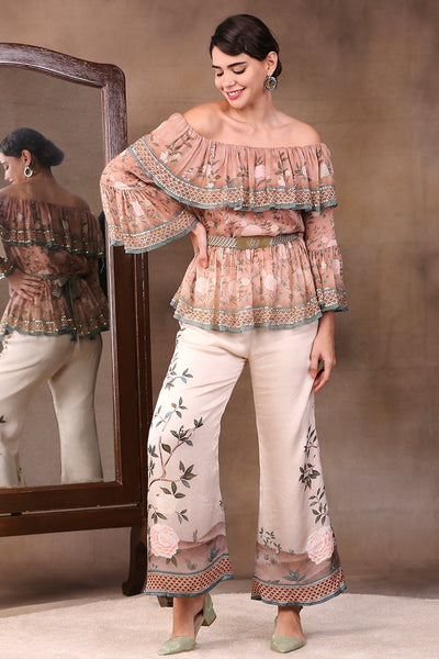 Sougat Paul Printed Off Shoulder Embroidered Top With Flared Pants peach indian designer wear online shopping melange singapore