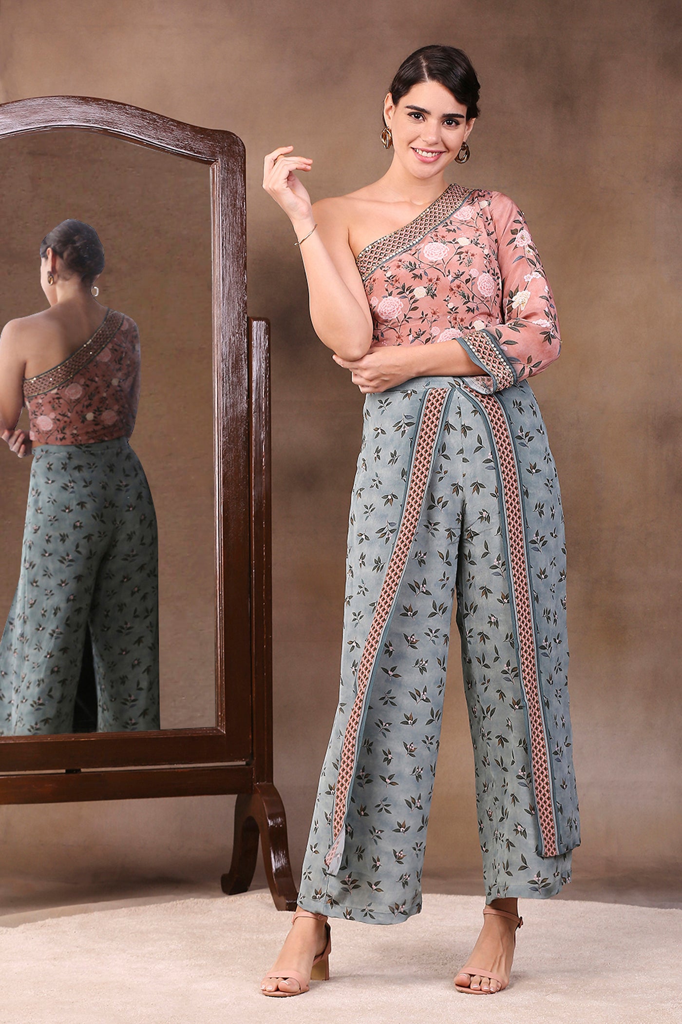 Sougat Paul Printed One Shoulder Embroidered Top With Panelled Pants mauve fusion indian designer wear online shopping melange singapore