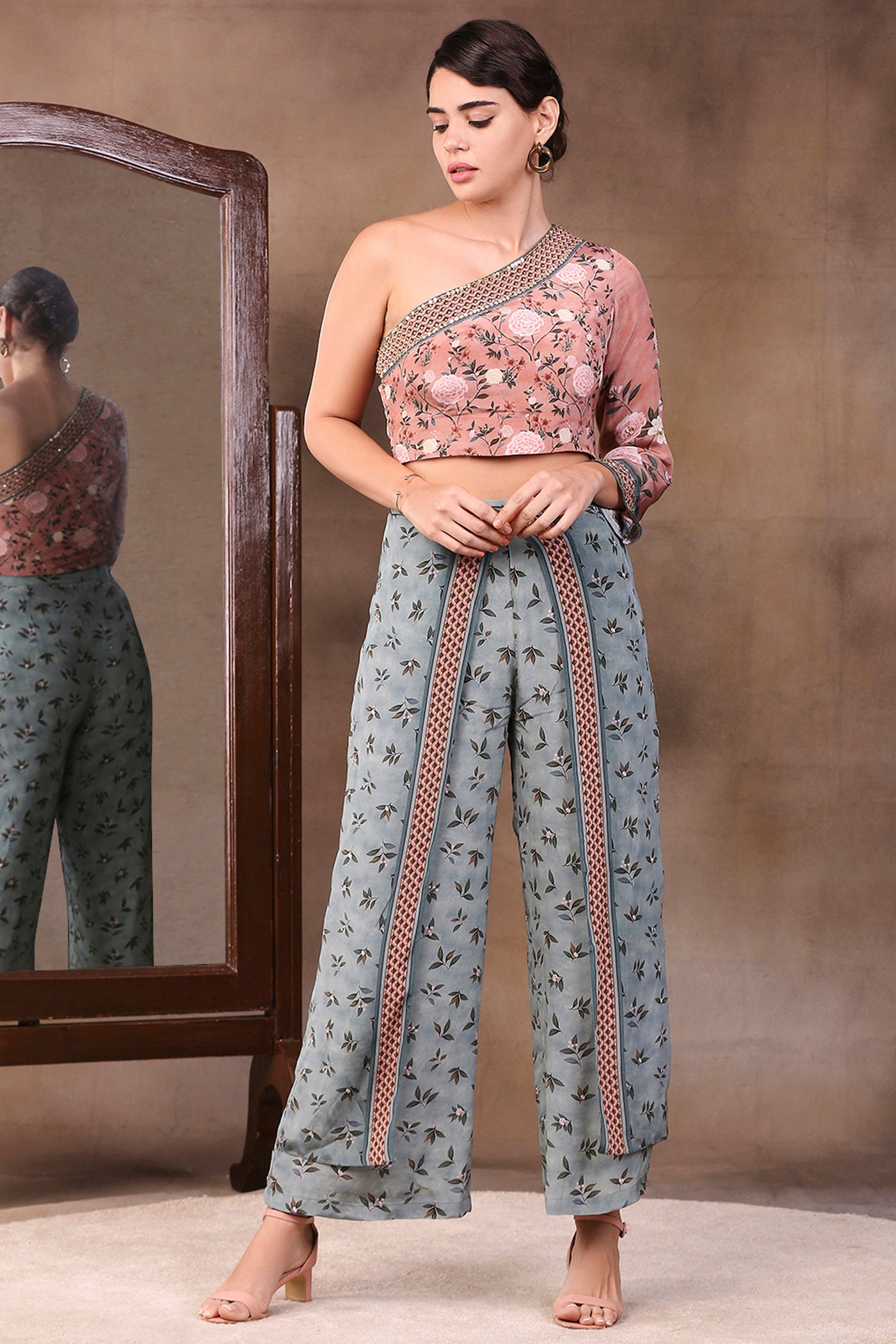 Sougat Paul Printed One Shoulder Embroidered Top With Panelled Pants mauve fusion indian designer wear online shopping melange singapore