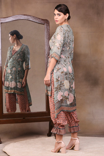 Sougat Paul Printed Overlap High Low Top With Tie-Up Pants green online shopping melange singapore indian designer wear