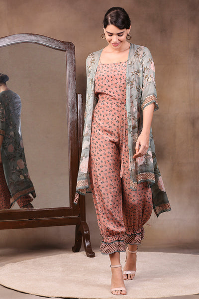 Sougat Paul Printed Overlap High Low Top With Tie-Up Pants green online shopping melange singapore indian designer wear