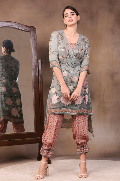 Sougat Paul Printed Overlap High Low Top With Tie-Up Pants green online shopping melange singapore indian designer wear