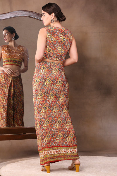 Sougat Paul Printed Pleated Skirt Set beige festive fusion indian designer wear online shopping melange singapore