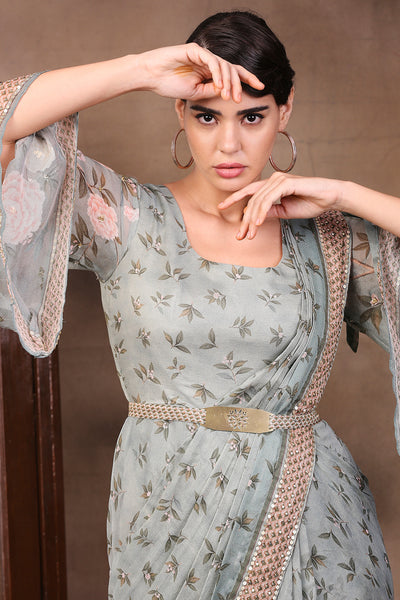 Sougat Paul Printed Pre-Stitched Saree With Flared Sleeve Top And Metal Belt green fusion indian designer wear online shopping melange singapore