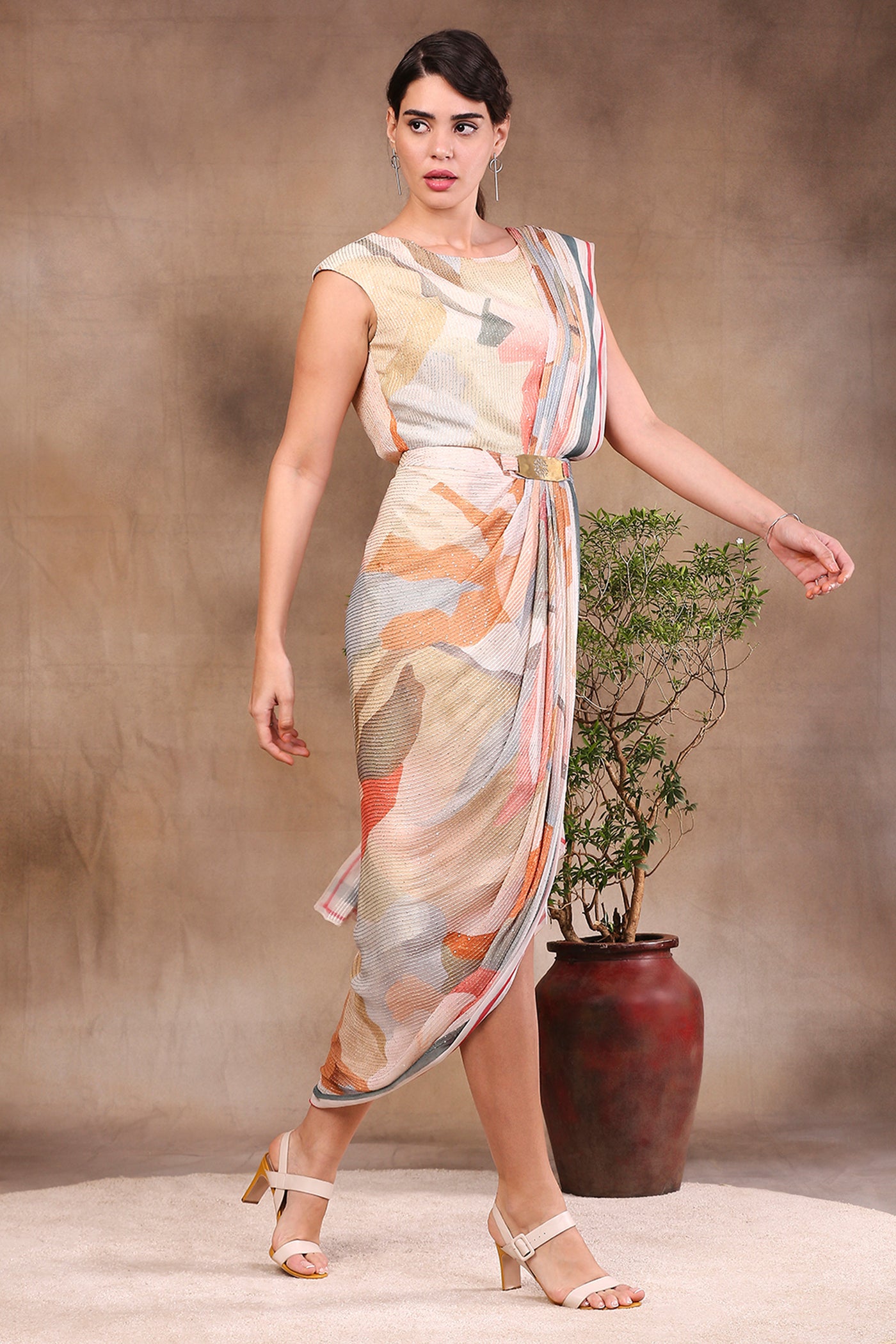 Sougat Paul Printed Sequin Drape Saree Dress With Metal Broach multicolor festive fusion indian designer wear online shopping melange singapore