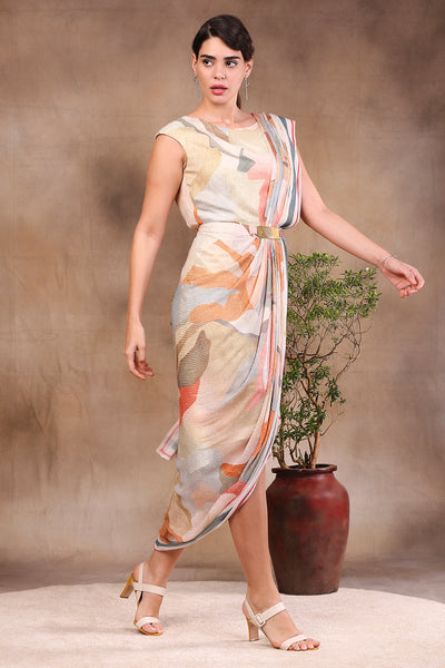 Sougat Paul Printed Sequin Drape Saree Dress With Metal Broach multicolor festive fusion indian designer wear online shopping melange singapore