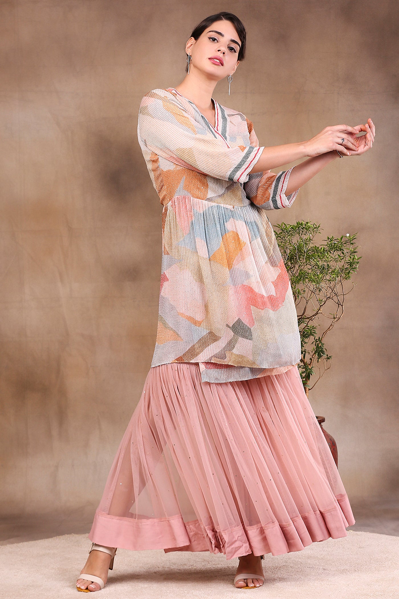 Sougat Paul Printed Sequins Front Overlap Top With Net Sharara Pants multicolor festive fusion indian designer wear online shopping melange singapore