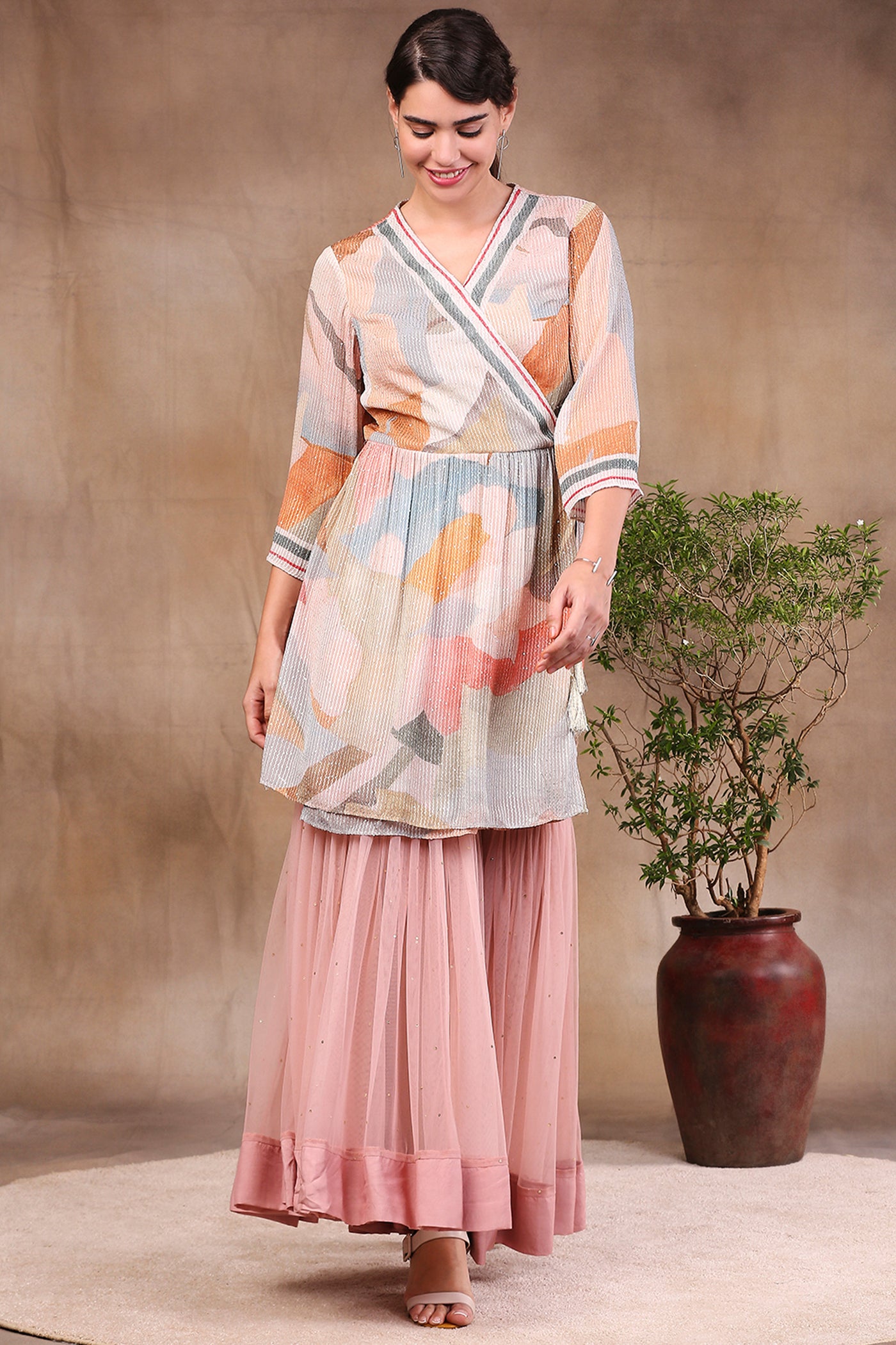 Sougat Paul Printed Sequins Front Overlap Top With Net Sharara Pants multicolor festive fusion indian designer wear online shopping melange singapore
