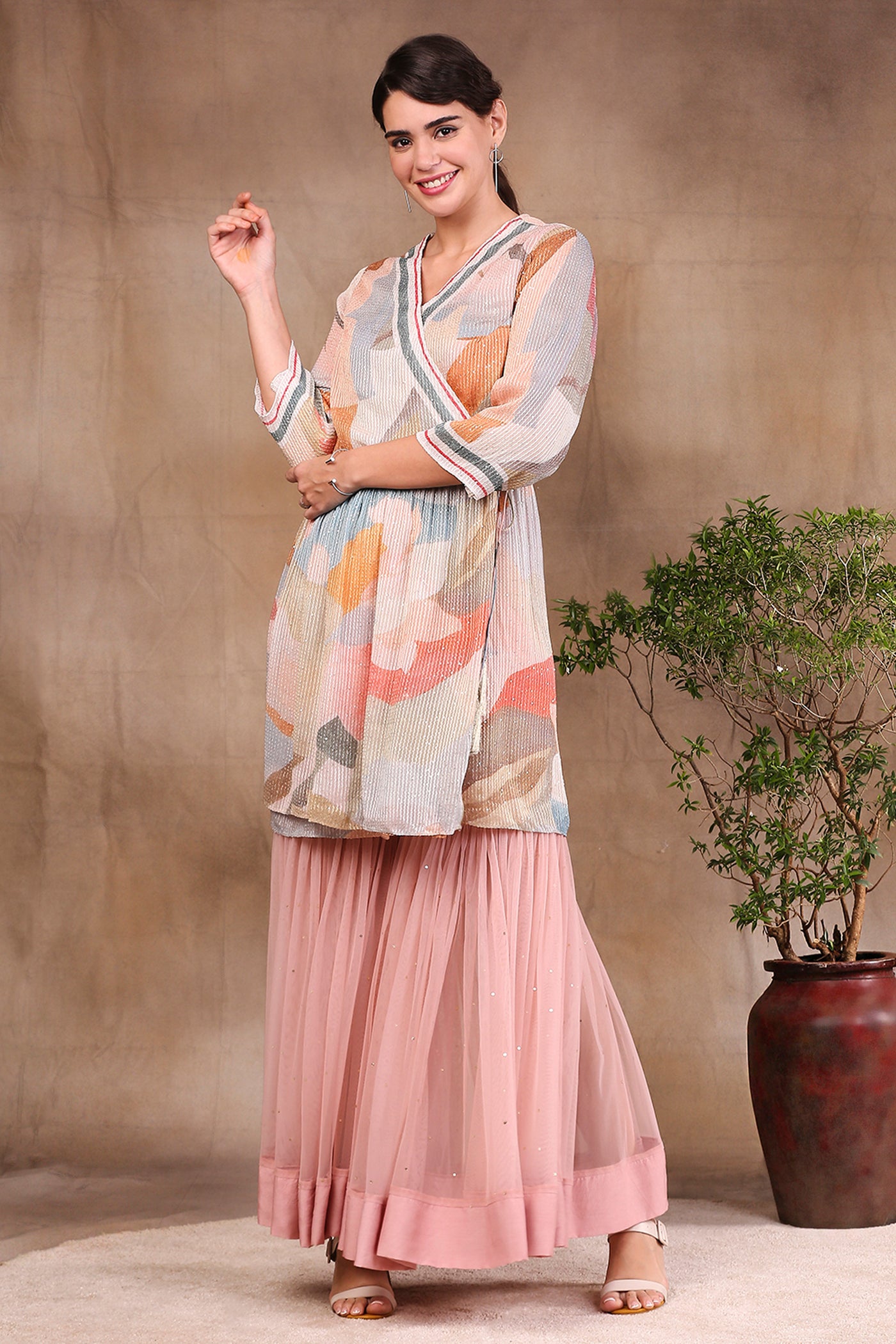 Printed Sequins Front Overlap Top With Net Sharara Pants Melange