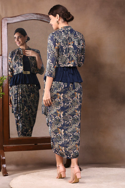 Sougat Paul Printed Sequin Skirt Set With Short Jacket And Metal Belt dark blue festive fusion indian designer wear online shopping melange singapore