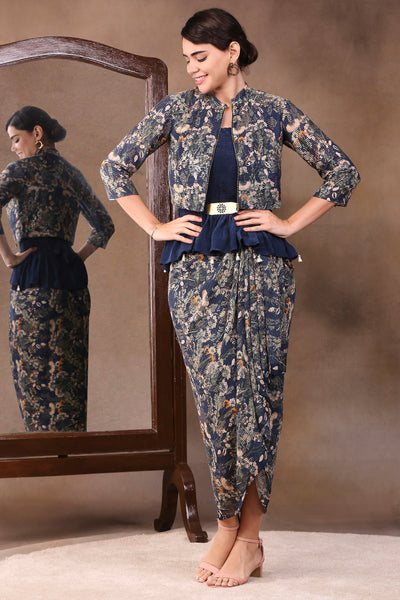 Sougat Paul Printed Sequin Skirt Set With Short Jacket And Metal Belt dark blue festive fusion indian designer wear online shopping melange singapore