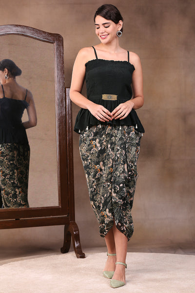 Sougat Paul Printed Sequin Skirt Set With Short Jacket And Metal Belt green festive fusion indian designer wear online shopping melange singapore
