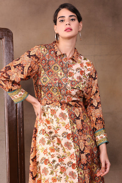 Sougat Paul Printed Shirt Dress With Belt beige western indian designer wear online shopping melange singapore