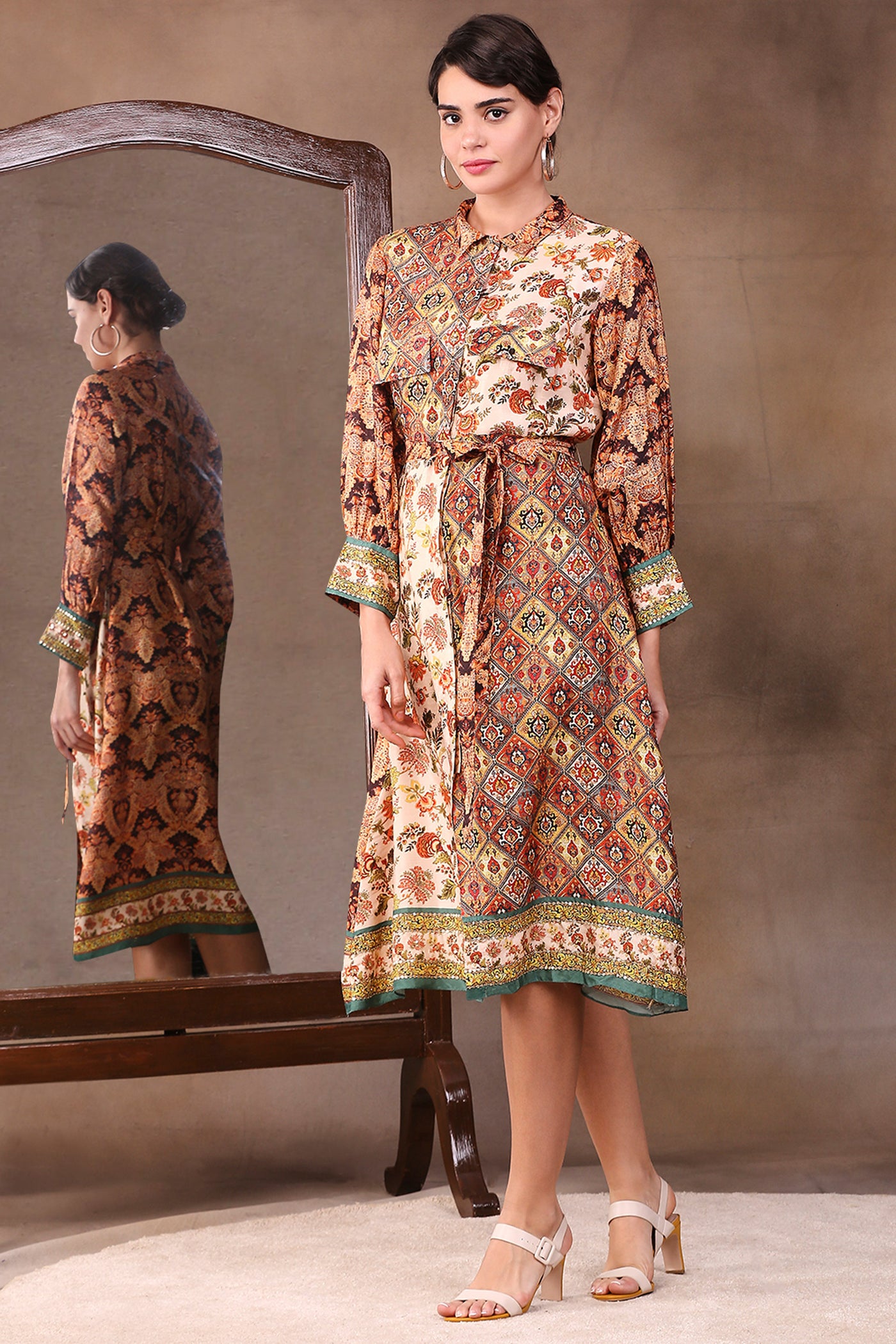 Sougat Paul Printed Shirt Dress With Belt beige western indian designer wear online shopping melange singapore