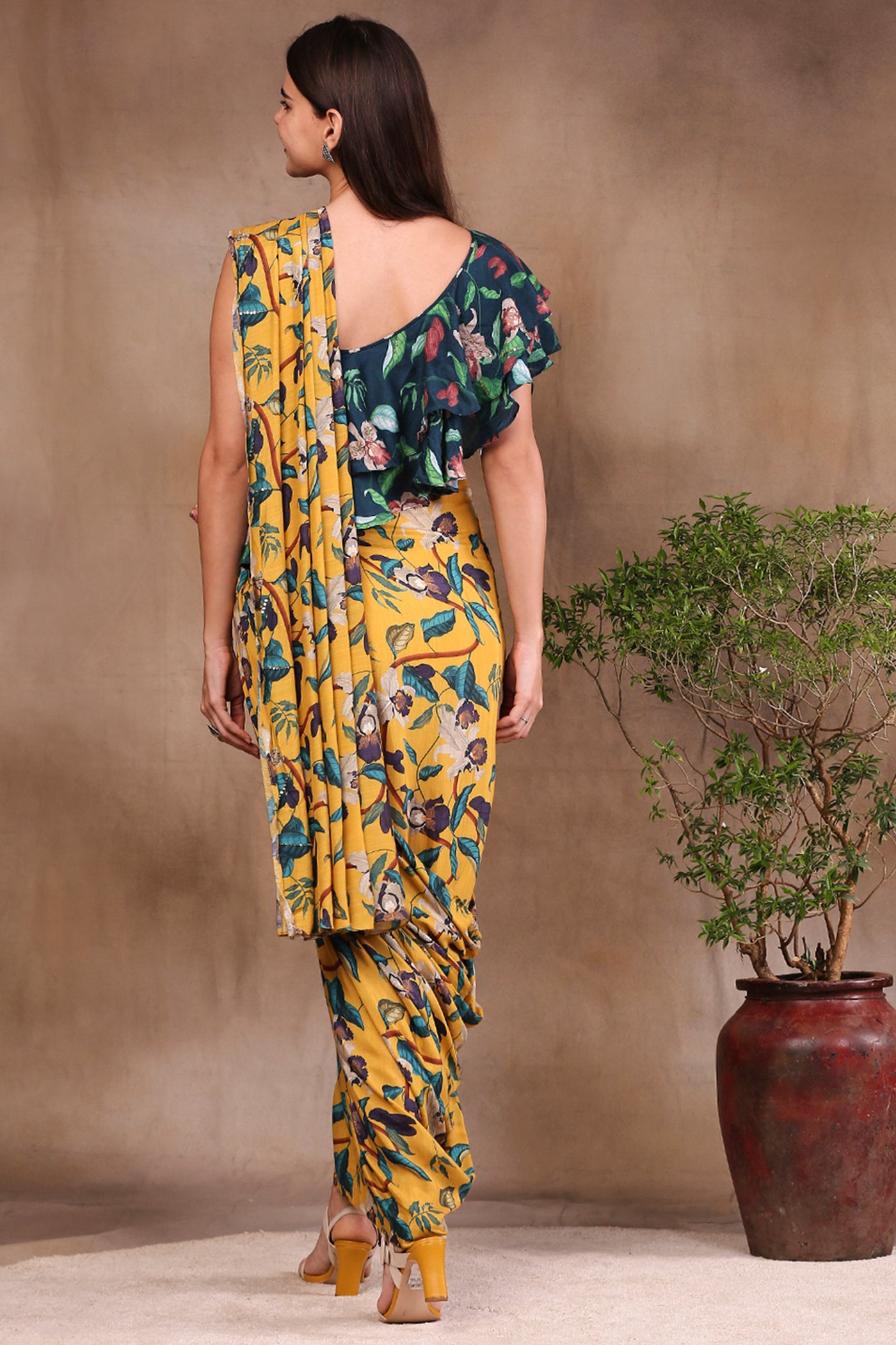 Sougat Paul Printed skirt with attached pallu paired with printed ruffle blouse yellow festive fusion indian designer wear online shopping melange singapore