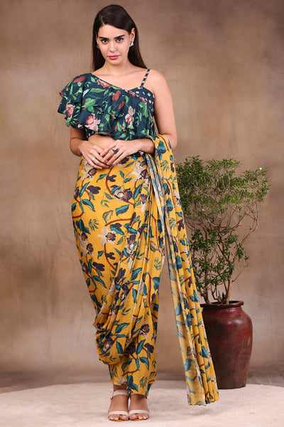 Sougat Paul Printed skirt with attached pallu paired with printed ruffle blouse yellow festive fusion indian designer wear online shopping melange singapore
