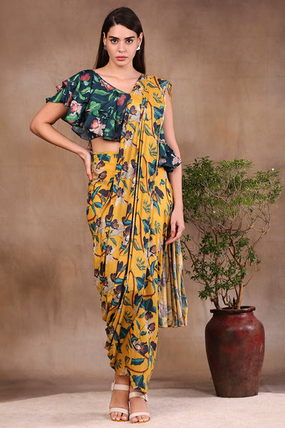 Sougat Paul Printed skirt with attached pallu paired with printed ruffle blouse yellow festive fusion indian designer wear online shopping melange singapore