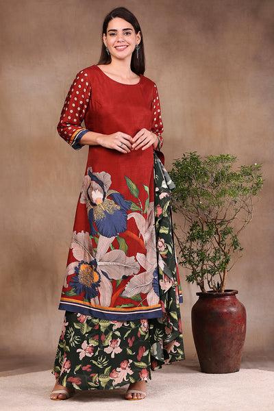 Sougat Paul Printed Skirt With Embroidered Top red festive fusion indian designer wear online shopping melange singapore