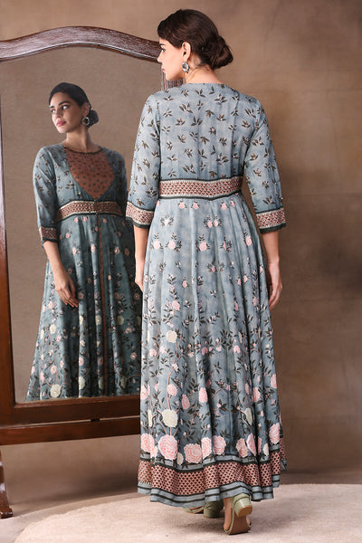 Sougat Paul Printed Two Layered Anarkali With Neck Embroidery peach green festive fusion indian designer wear online shopping melange singapore