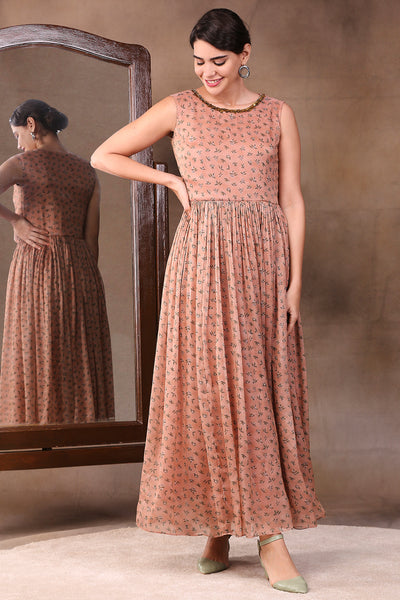 Sougat Paul Printed Two Layered Anarkali With Neck Embroidery peach green festive fusion indian designer wear online shopping melange singapore