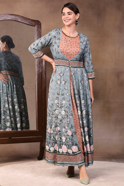 Sougat Paul Printed Two Layered Anarkali With Neck Embroidery peach green festive fusion indian designer wear online shopping melange singapore