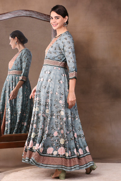 Sougat Paul Printed Two Layered Anarkali With Neck Embroidery peach green festive fusion indian designer wear online shopping melange singapore