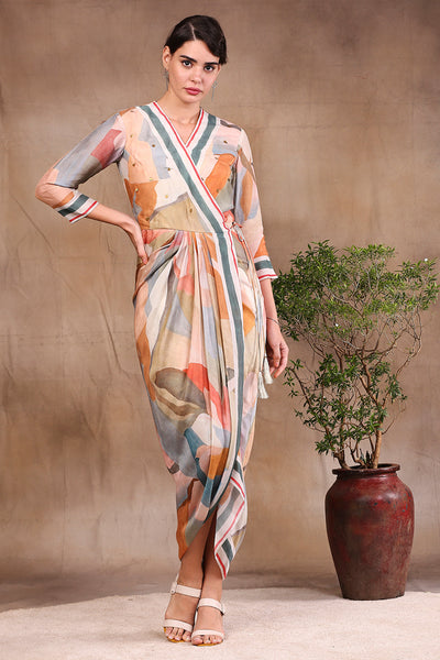Sougat Paul Watercolour Printed Overlap Dress multicolor western indian designer wear online shopping melange singapore