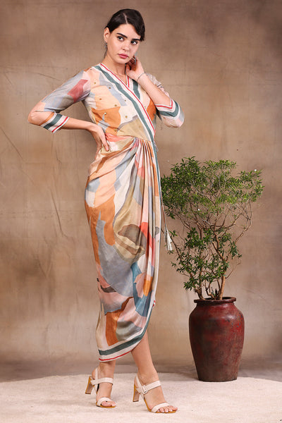 Sougat Paul Watercolour Printed Overlap Dress multicolor western indian designer wear online shopping melange singapore