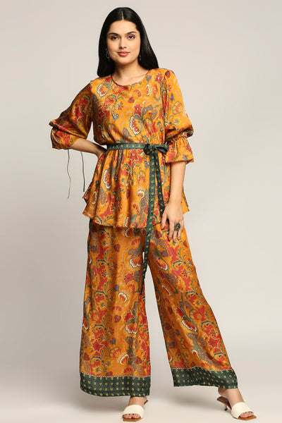 Sougat Paul Batik Printed Pant Set With Belt mustard indian designer wear online shopping melange singapore