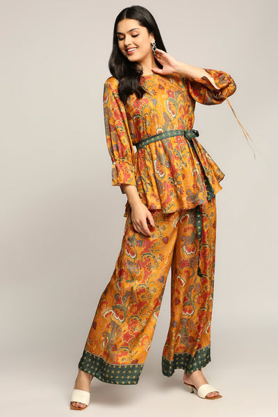 Sougat Paul Batik Printed Pant Set With Belt mustard indian designer wear online shopping melange singapore