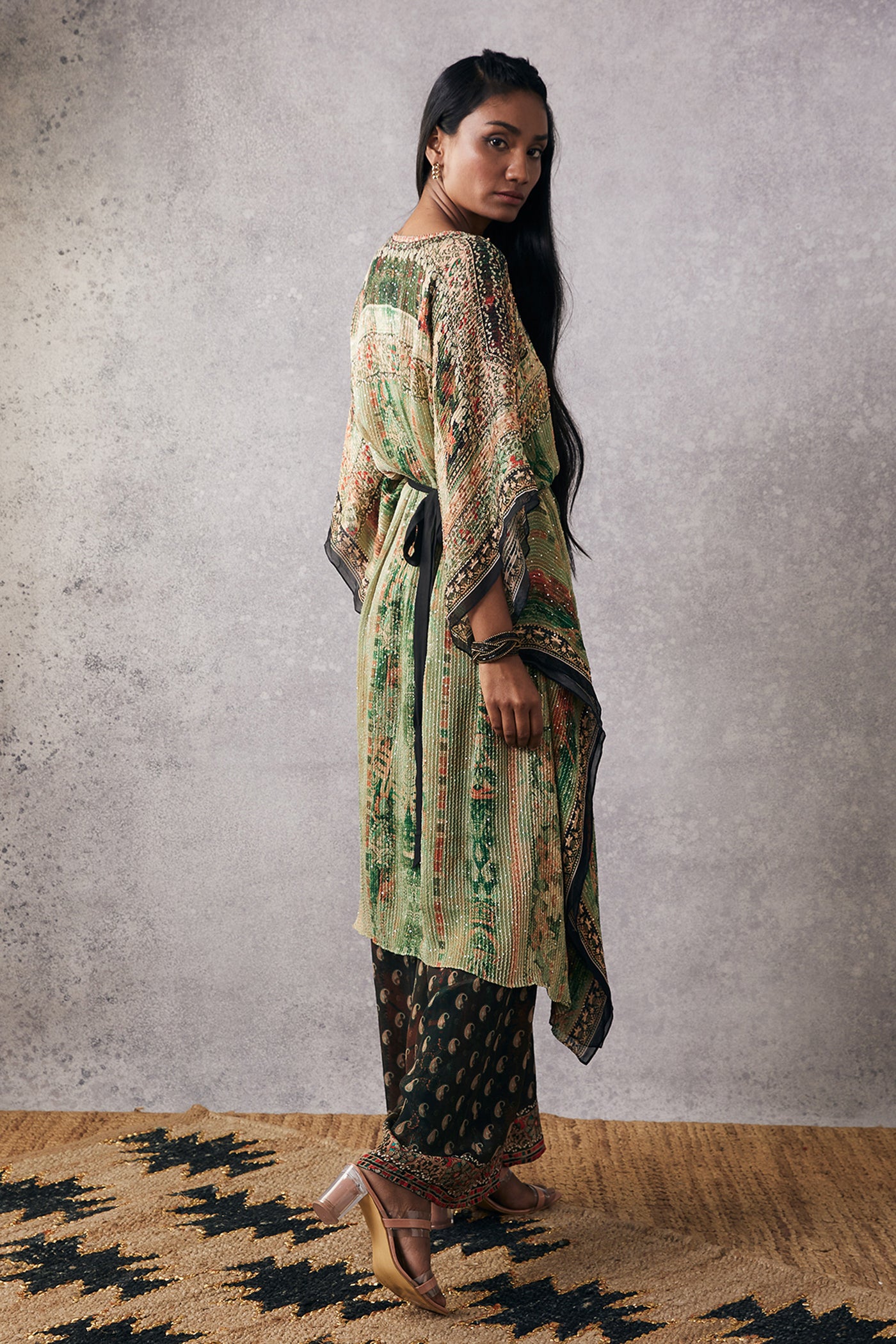 sougat paul Ikaya Embroidered Kaftan Set With Belt green online shopping melange singapore indian designer wear