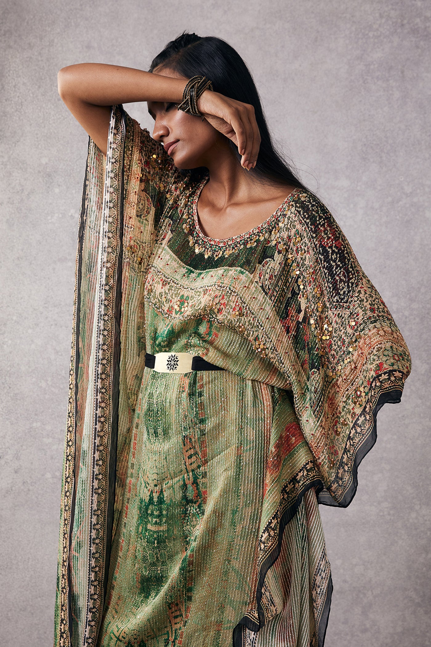 sougat paul Ikaya Embroidered Kaftan Set With Belt green online shopping melange singapore indian designer wear