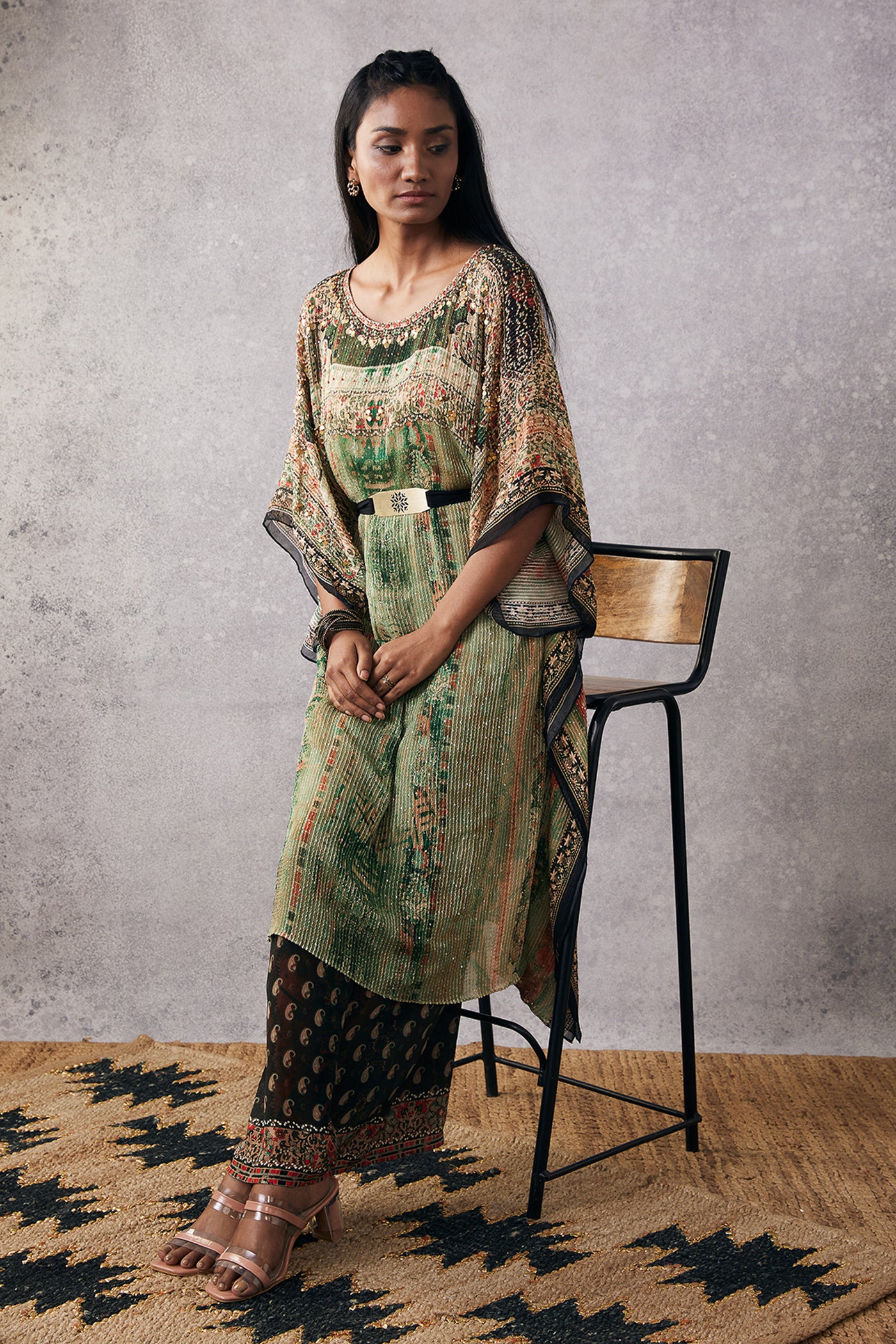 sougat paul Ikaya Embroidered Kaftan Set With Belt green online shopping melange singapore indian designer wear