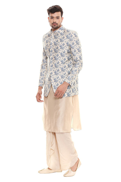 Sougat Paul menswear Plain Kurta With Side Slit And Dhoti Is Paired With Printed Jacket blue beige festive indian designer wear online shopping melange singapore