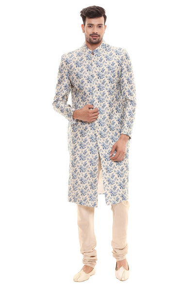 Sougat Paul menswear Printed Jacket With Front Opening Is Paired With Plain Churidar blue beige festive indian designer wear online shopping melange singapore