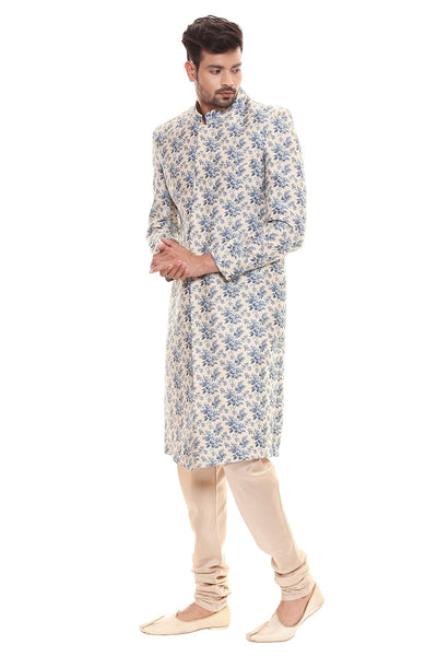 Sougat Paul menswear Printed Jacket With Front Opening Is Paired With Plain Churidar blue beige festive indian designer wear online shopping melange singapore