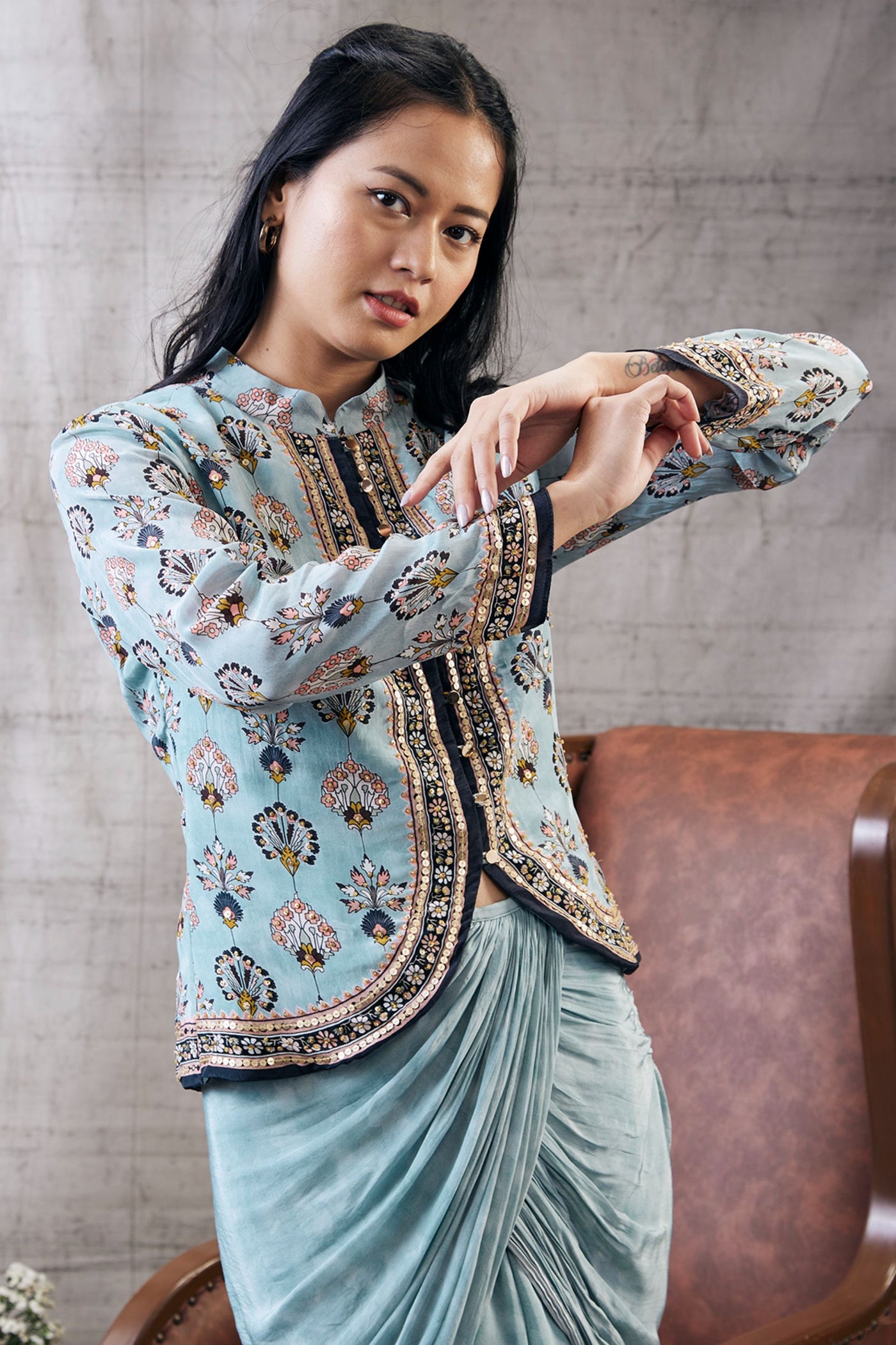 Sougat Paul Sarouk Printed Drape Skirt With Embroidered Top Indian designer wear online shopping melange singapore