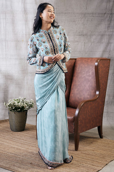 Sougat Paul Sarouk Printed Drape Skirt With Embroidered Top Indian designer wear online shopping melange singapore